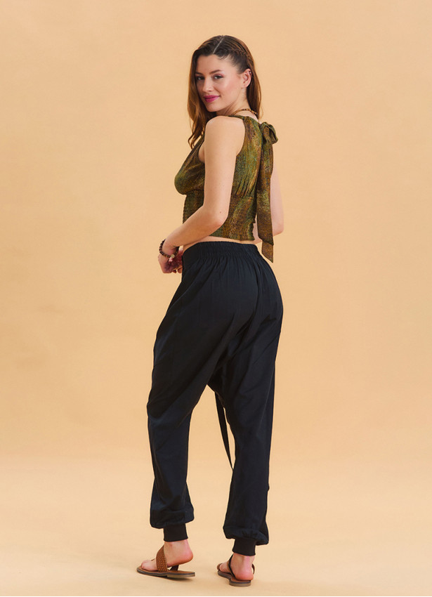 Black Bohemian Shalwar with Elastic Waistband and Rope Detail and Buttons 4555